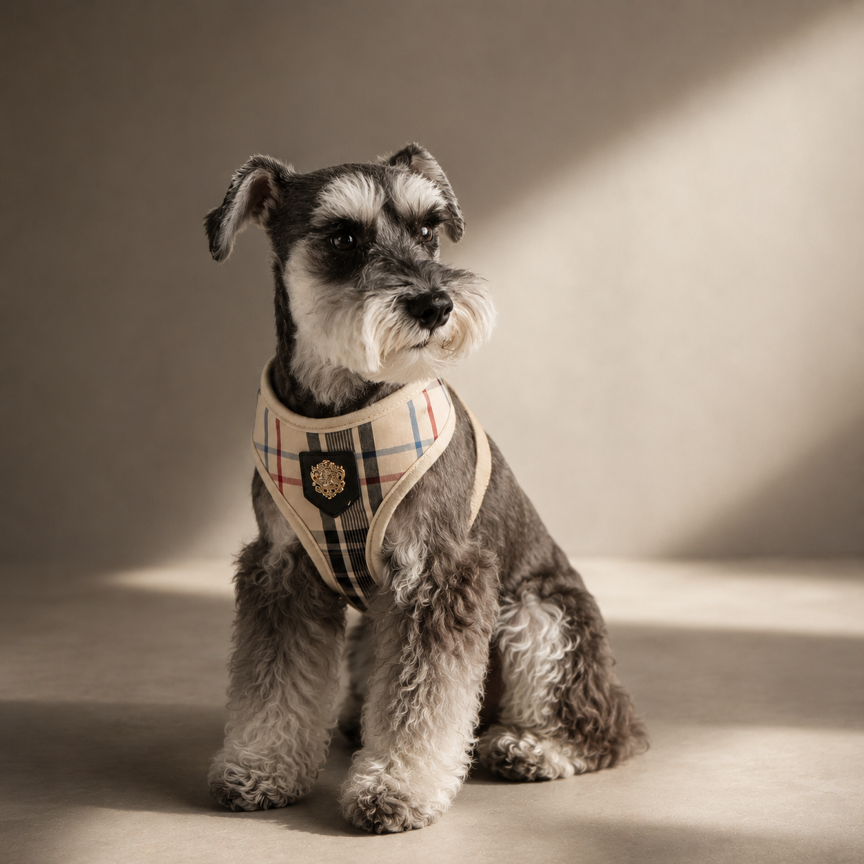 Dog wearing Puppia check harness